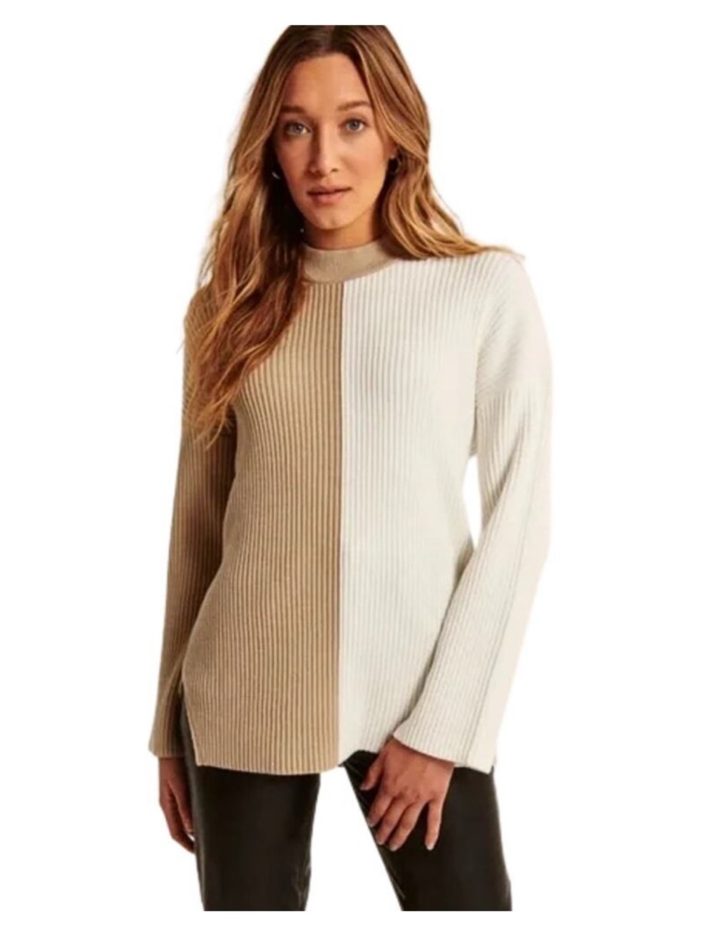 Abercrombie & Fitch Sweater Womens Small Tan Luxeloft Colorblock Ribbed Knit